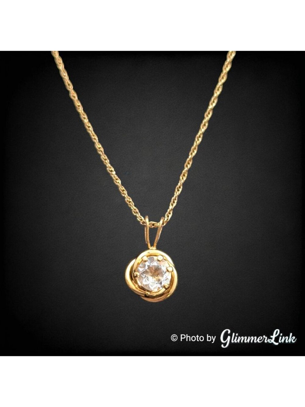 Vintage 14K Gold Filled Knot Solitaire Clear Stone Pendant Necklace 20 Inch